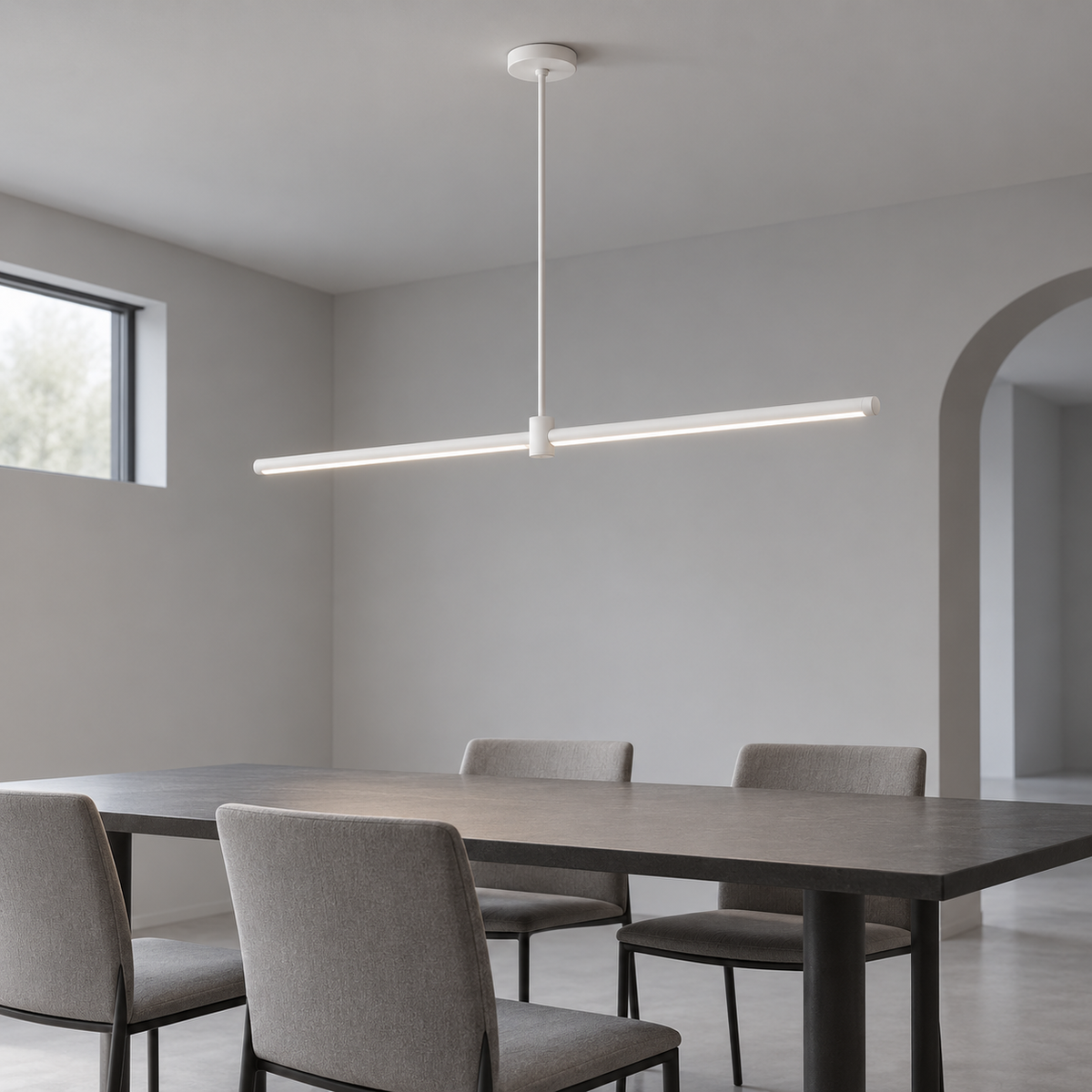 White 120 cm aluminium pendant installed in a quiet gray dining interior