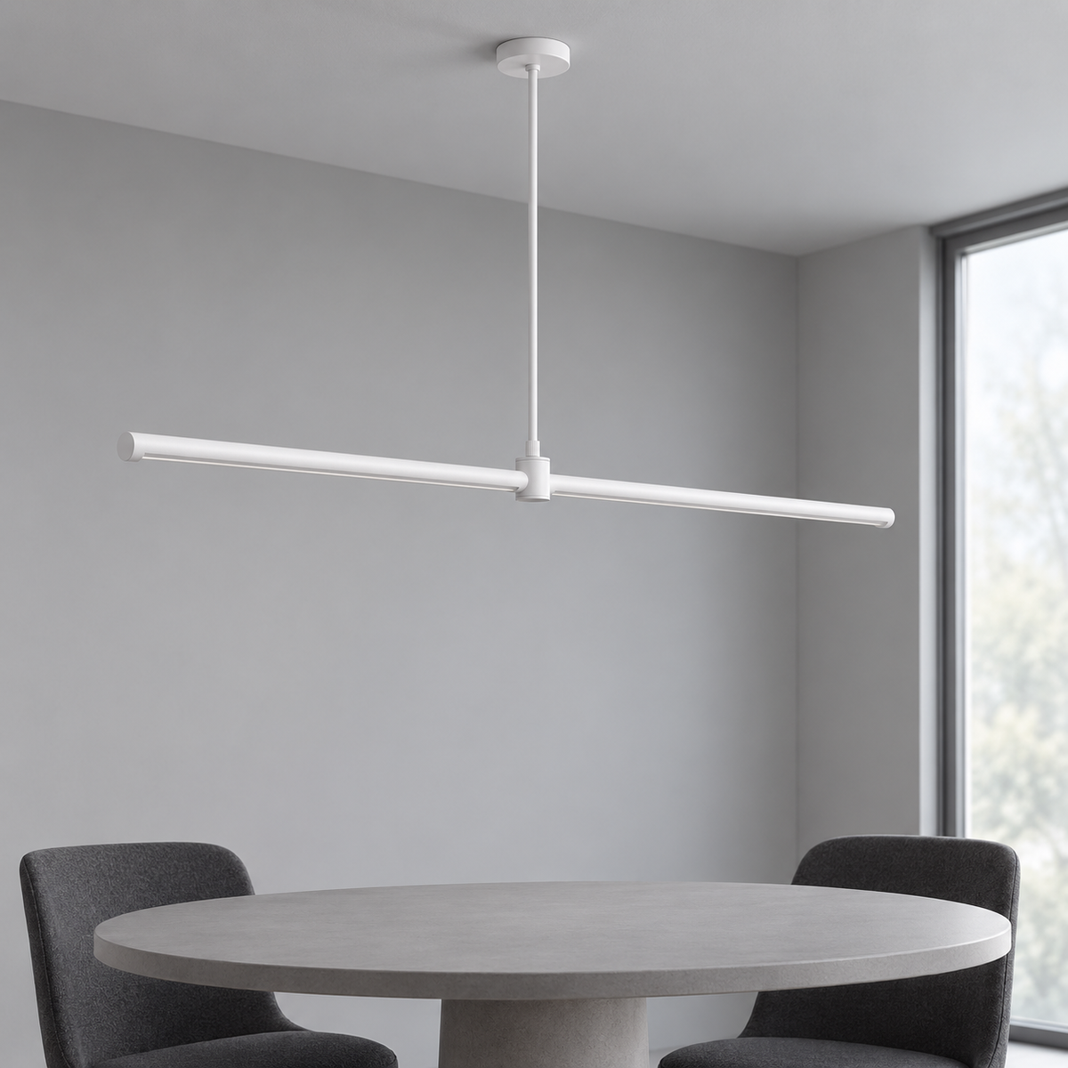 White 80 cm aluminium pendant above a compact round table, light off