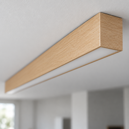 Wood effect ceiling bar end and illuminated diffuser close-up