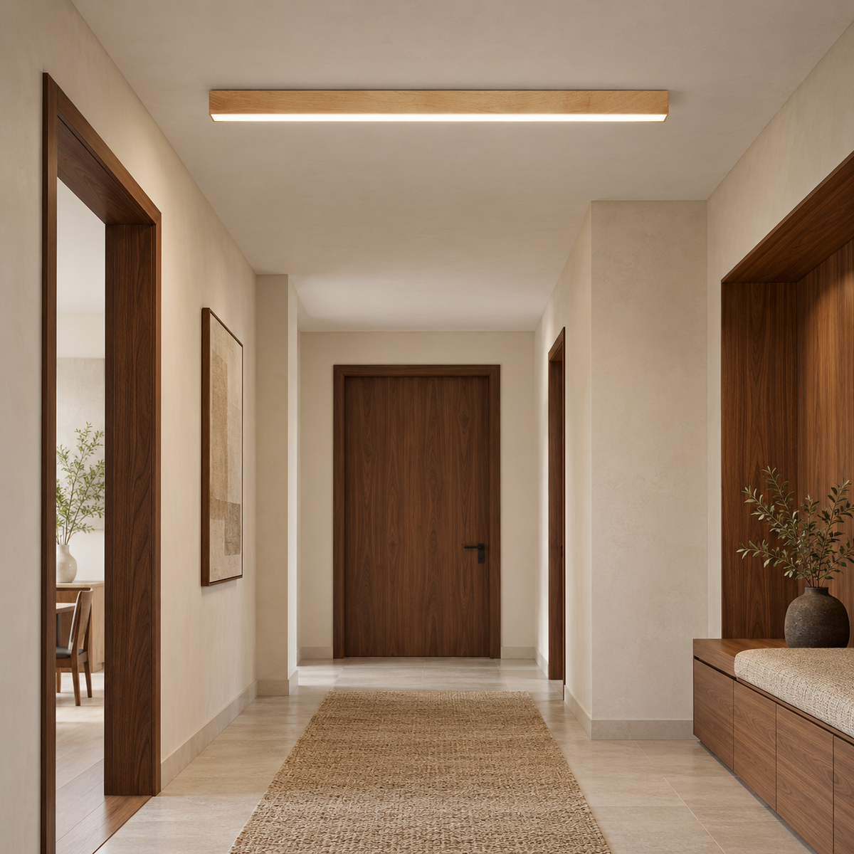 Wood effect ceiling bar in a walnut accented hallway, front side view