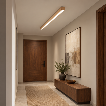 100 cm light wood effect ceiling bar installed in a modern hallway, side view