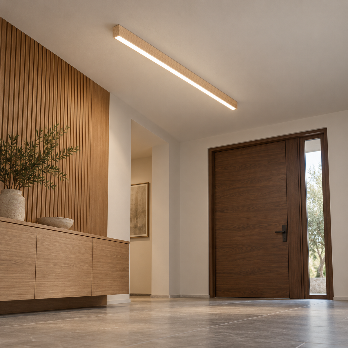 Slim ceiling bar viewed from below in an entry hall