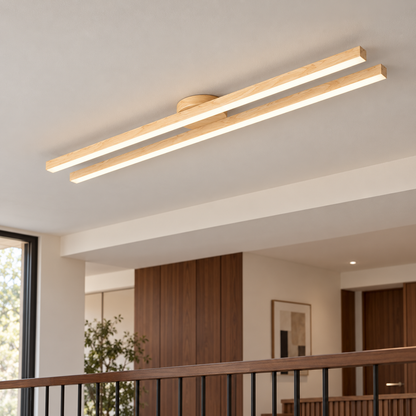 Twin bar ceiling light viewed obliquely beside a ceiling soffit
