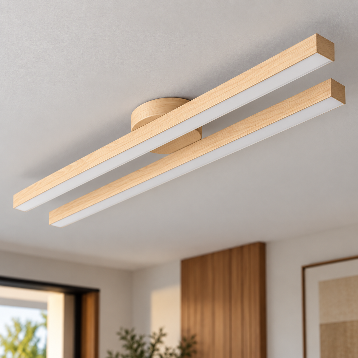 Wood effect twin bar ceiling light diffuser and canopy detail
