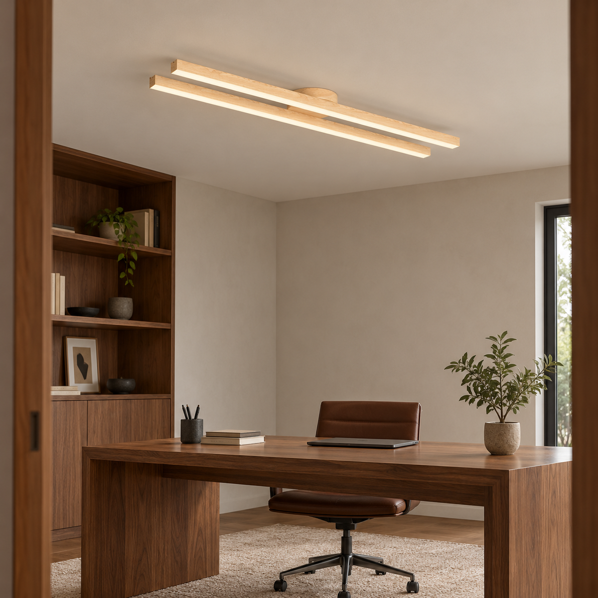 Twin wood effect ceiling light in a contemporary study, front side view