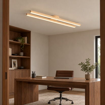 Twin wood effect ceiling light in a contemporary study, front side view