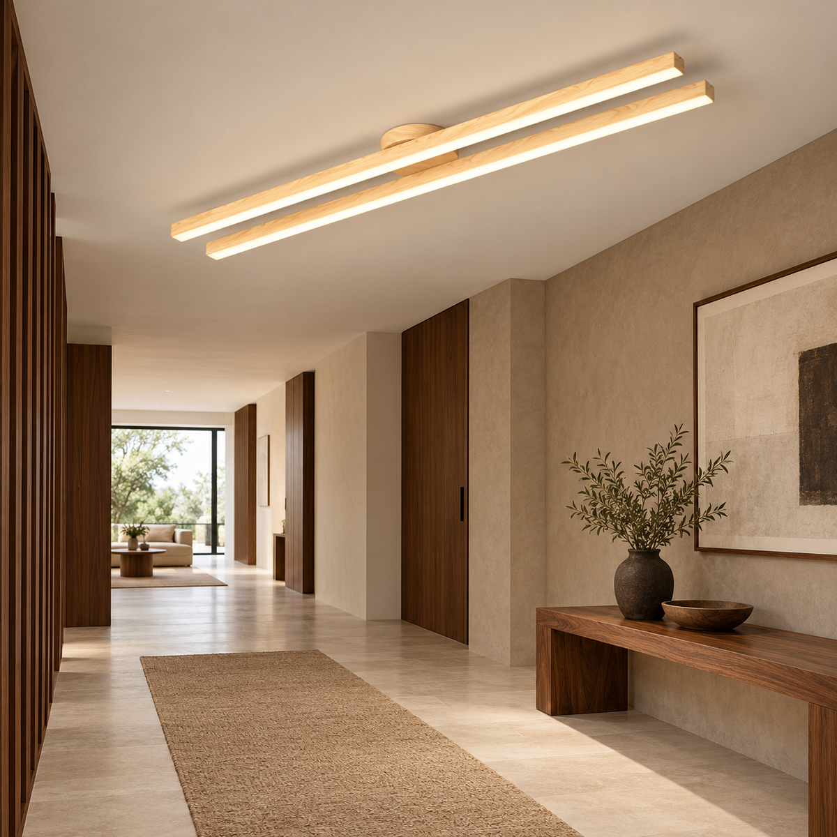 Twin wood effect ceiling bar light installed in a minimalist hallway, side view