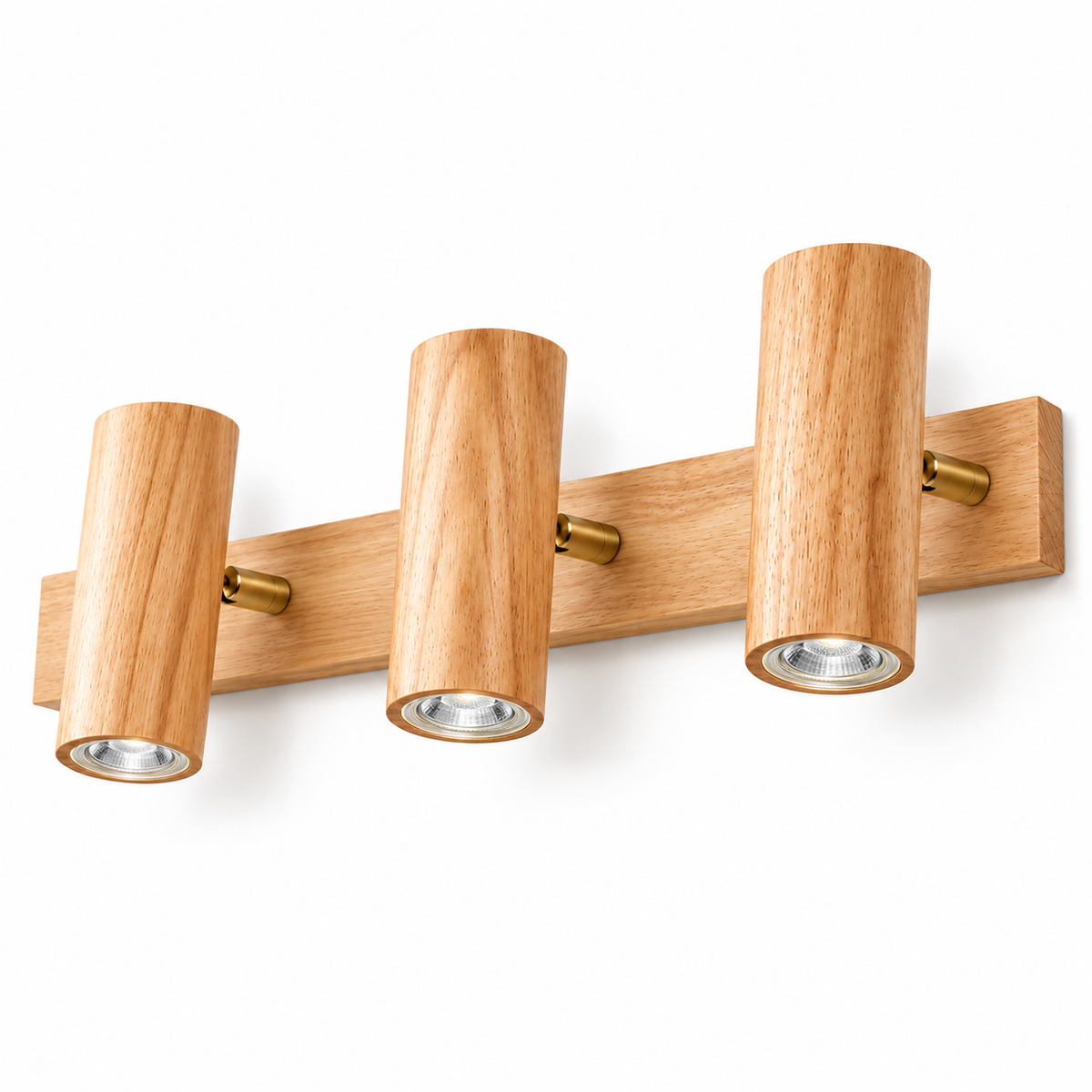 Natural wood 3-light adjustable cylinder spotlights on white