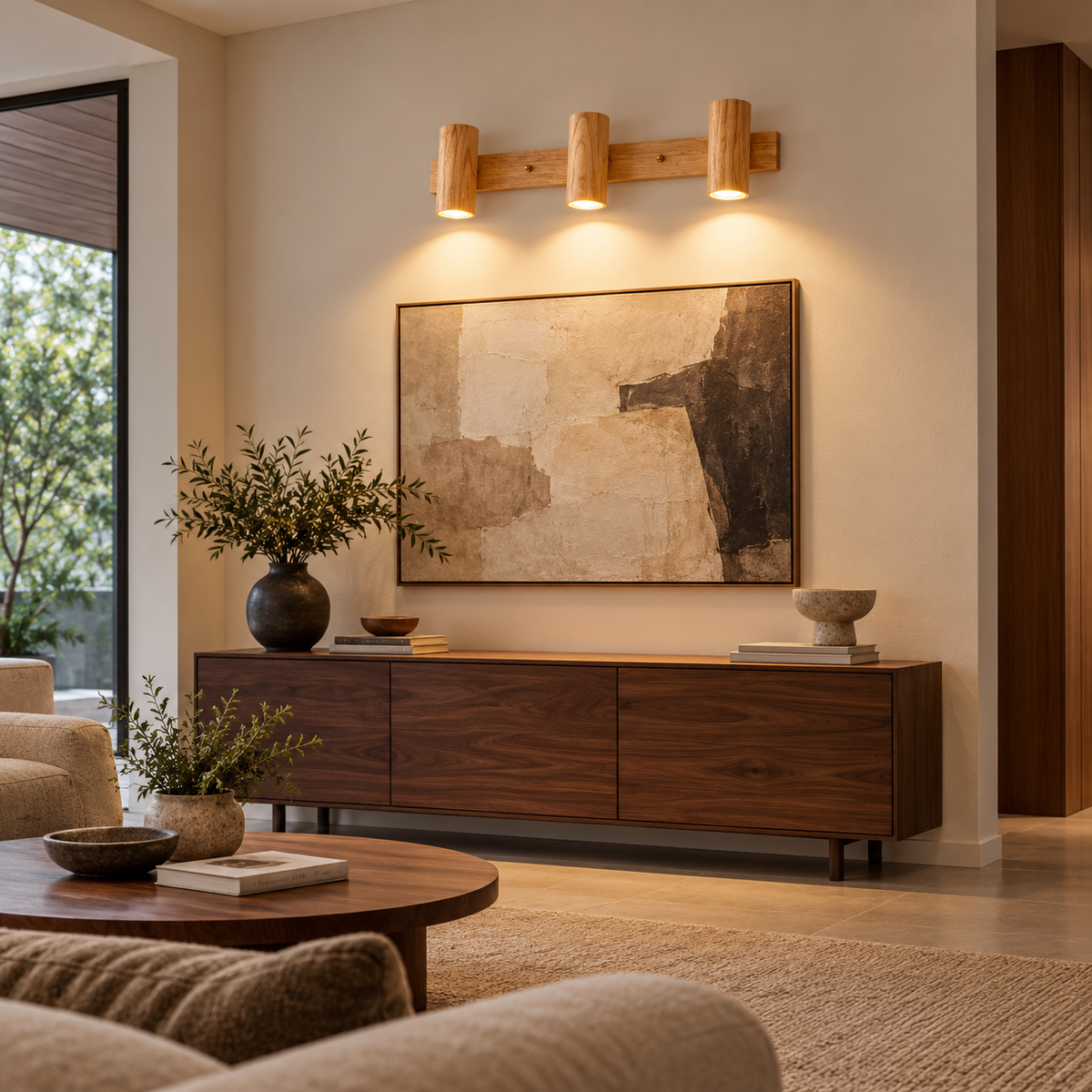 Three natural wood spotlights above a console in a minimalist hall