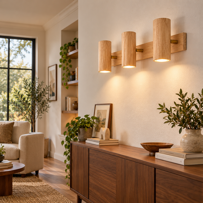 Three natural wood cylinder spotlights wall-mounted in a modern sitting room, side view