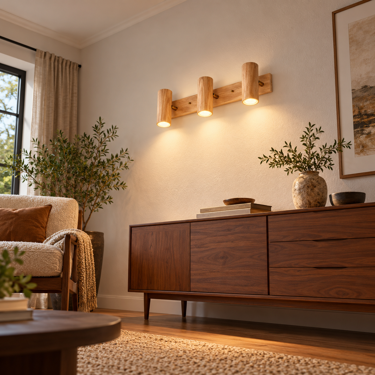 Natural wood three-light fixture wall-mounted, viewed from below