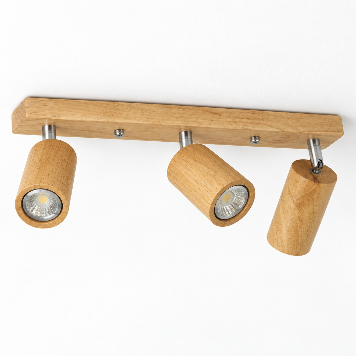 Natural wood 3-light adjustable ceiling bar, 54 cm, on white