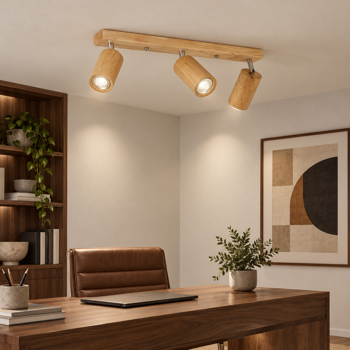 Natural wood three-light ceiling bar above a walnut accented study