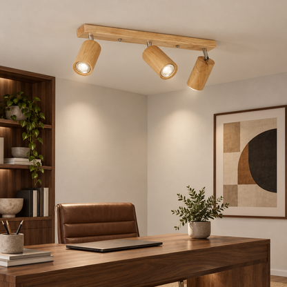 Natural wood three-light ceiling bar above a walnut accented study