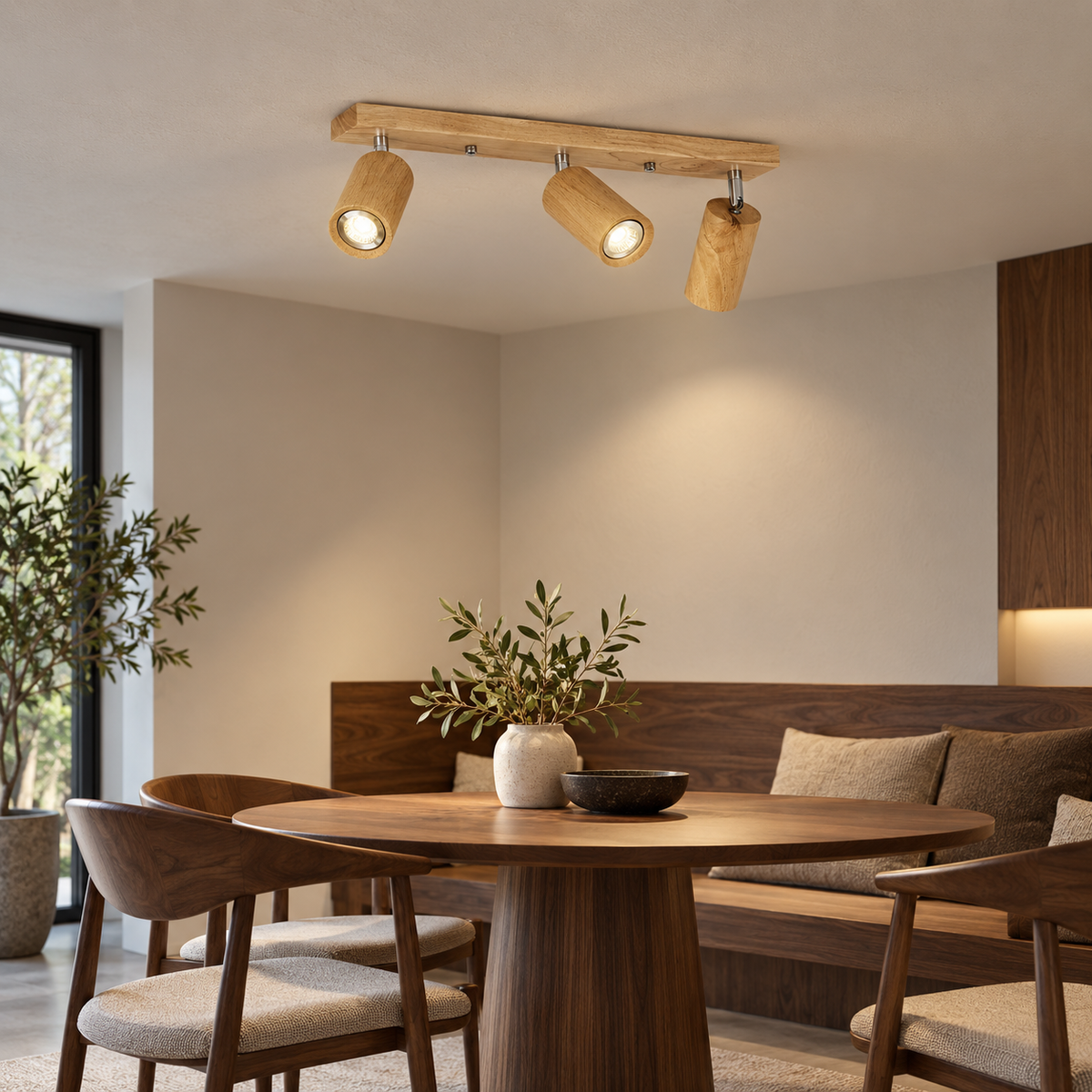 Three-head natural wood ceiling bar in a modern room, side angle