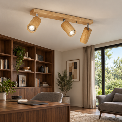 Natural wood ceiling spotlights viewed from below