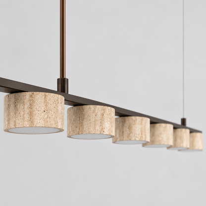 Macro of shallow beige stone shades, flat dark brown rail and rigid suspension joint between the first two shades
