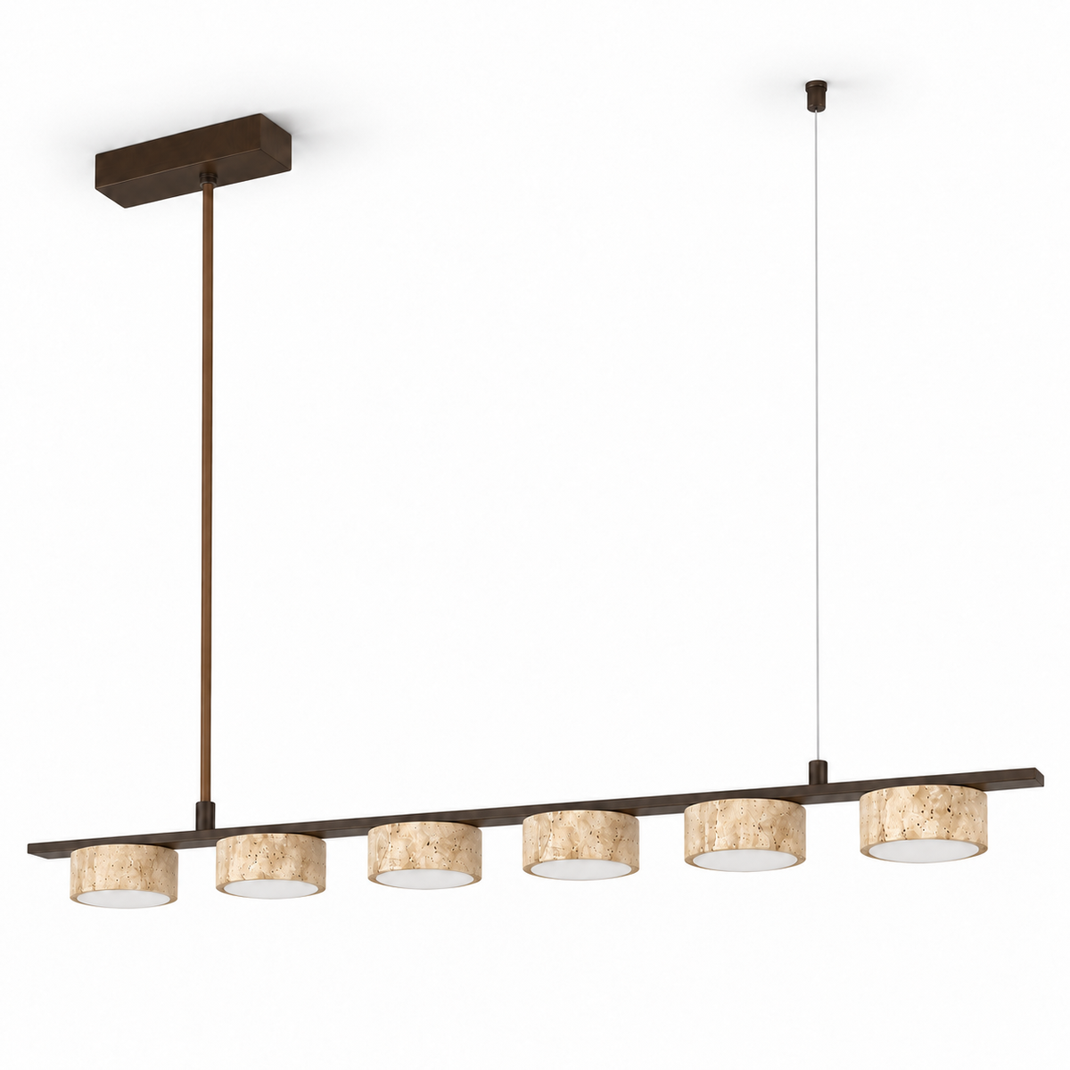 Six shallow beige stone shades under a dark brown metal rail with asymmetric rod and wire suspension on white
