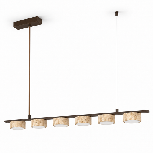 Six shallow beige stone shades under a dark brown metal rail with asymmetric rod and wire suspension on white