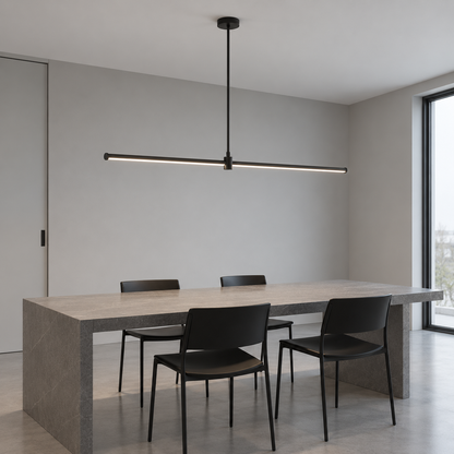 Black 120 cm aluminium pendant, front-side view in a clean gray dining room