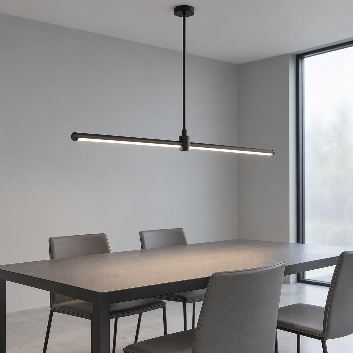 Black 120 cm aluminium pendant in a quiet light-gray dining space, side view