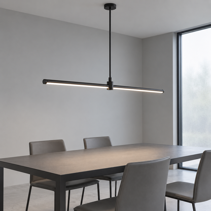 Black 120 cm aluminium pendant in a quiet light-gray dining space, side view