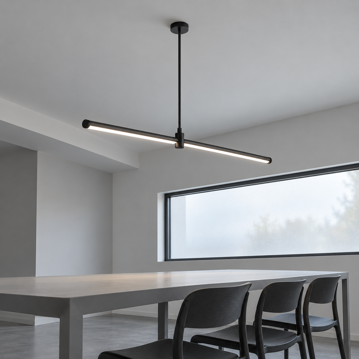 Black 120 cm aluminium pendant viewed from below in a neutral dining room