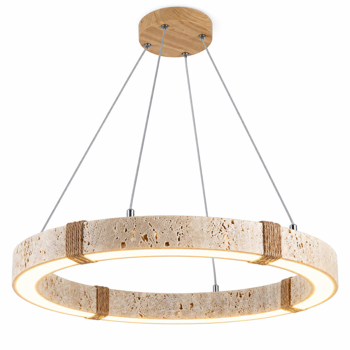 50 cm travertine ring pendant with light wood-grain canopy on white