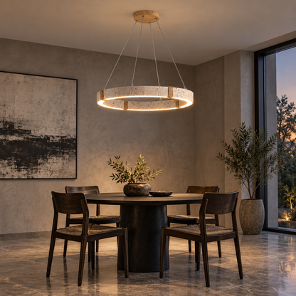 Travertine ring pendant in a contemporary dining room viewed from the front