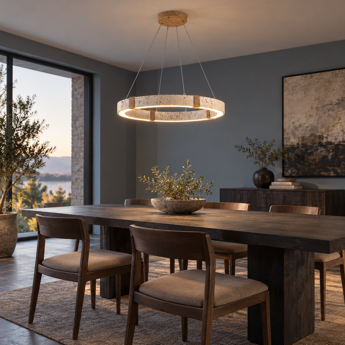 Travertine ring pendant installed over a dining table viewed from the side