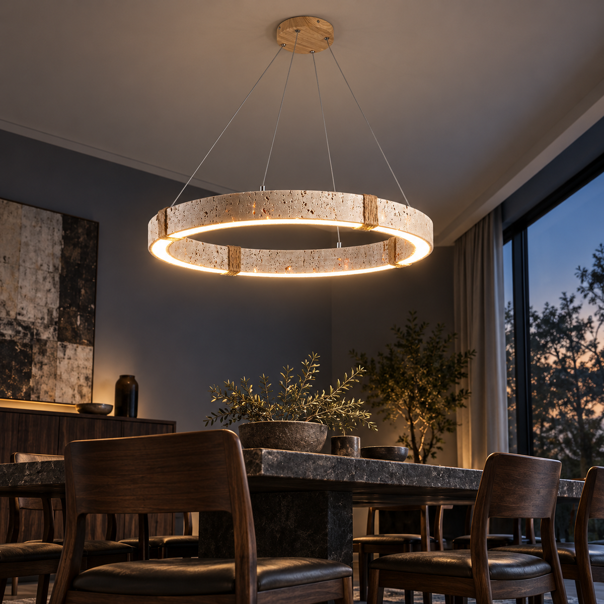 Low angle room view of the illuminated underside of the travertine ring pendant