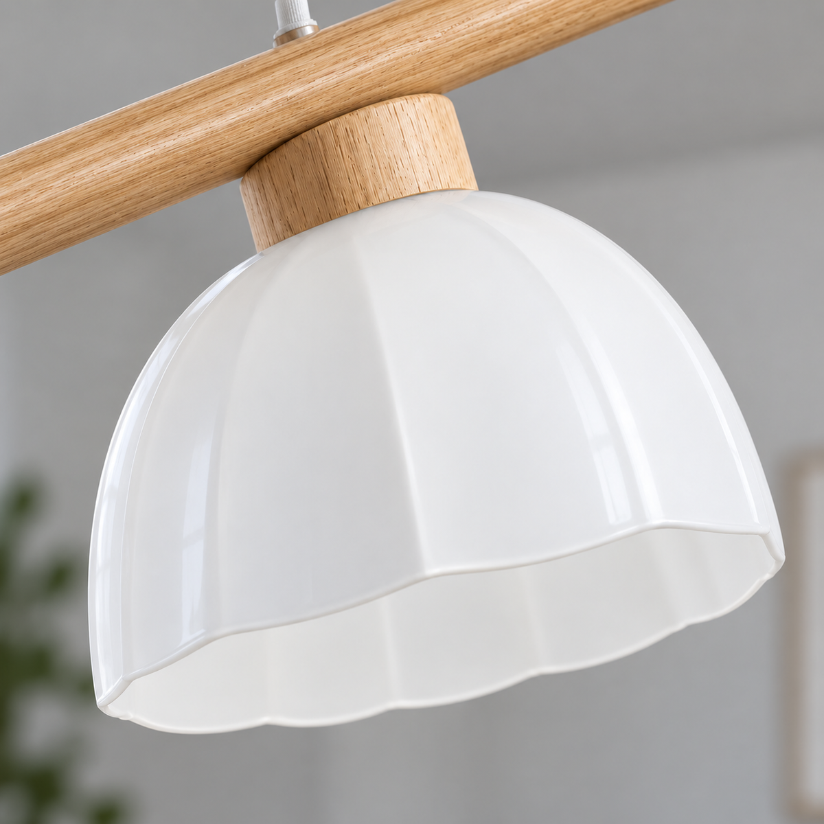 Close-up of the fluted opal glass shade and wood collar