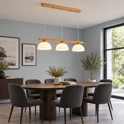 Front view of the wood and white glass pendant in a bright dining room