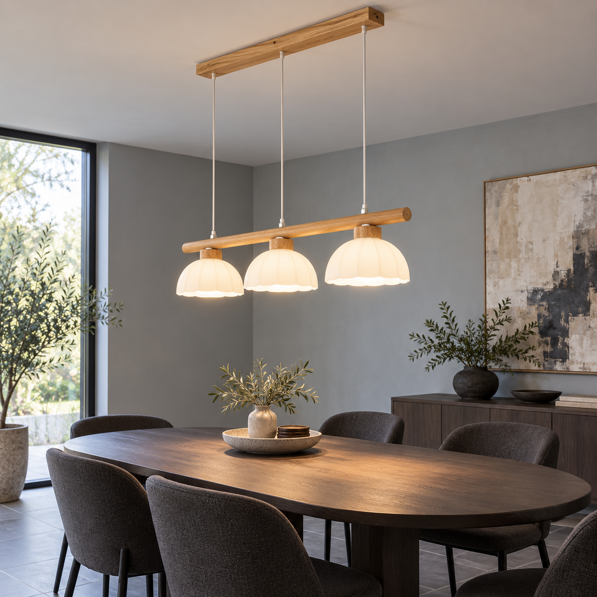 Side view of the three-dome wood pendant installed over a dark oval dining table