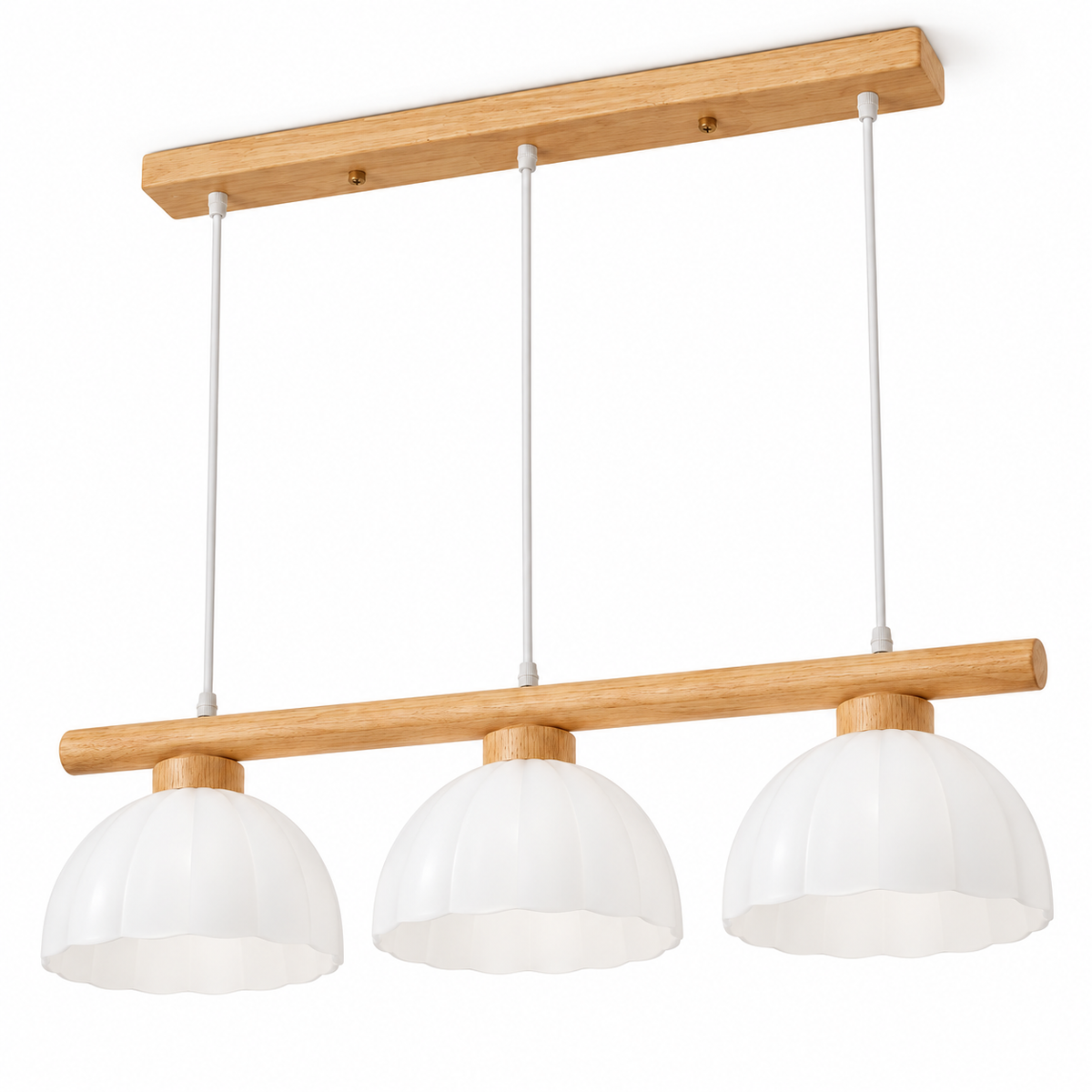 Beige wood pendant with three fluted white glass domes on a white background