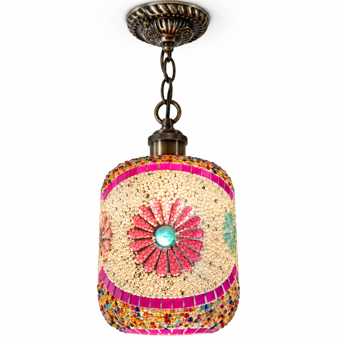 Style A mosaic glass cylinder pendant with bronze chain and canopy on white