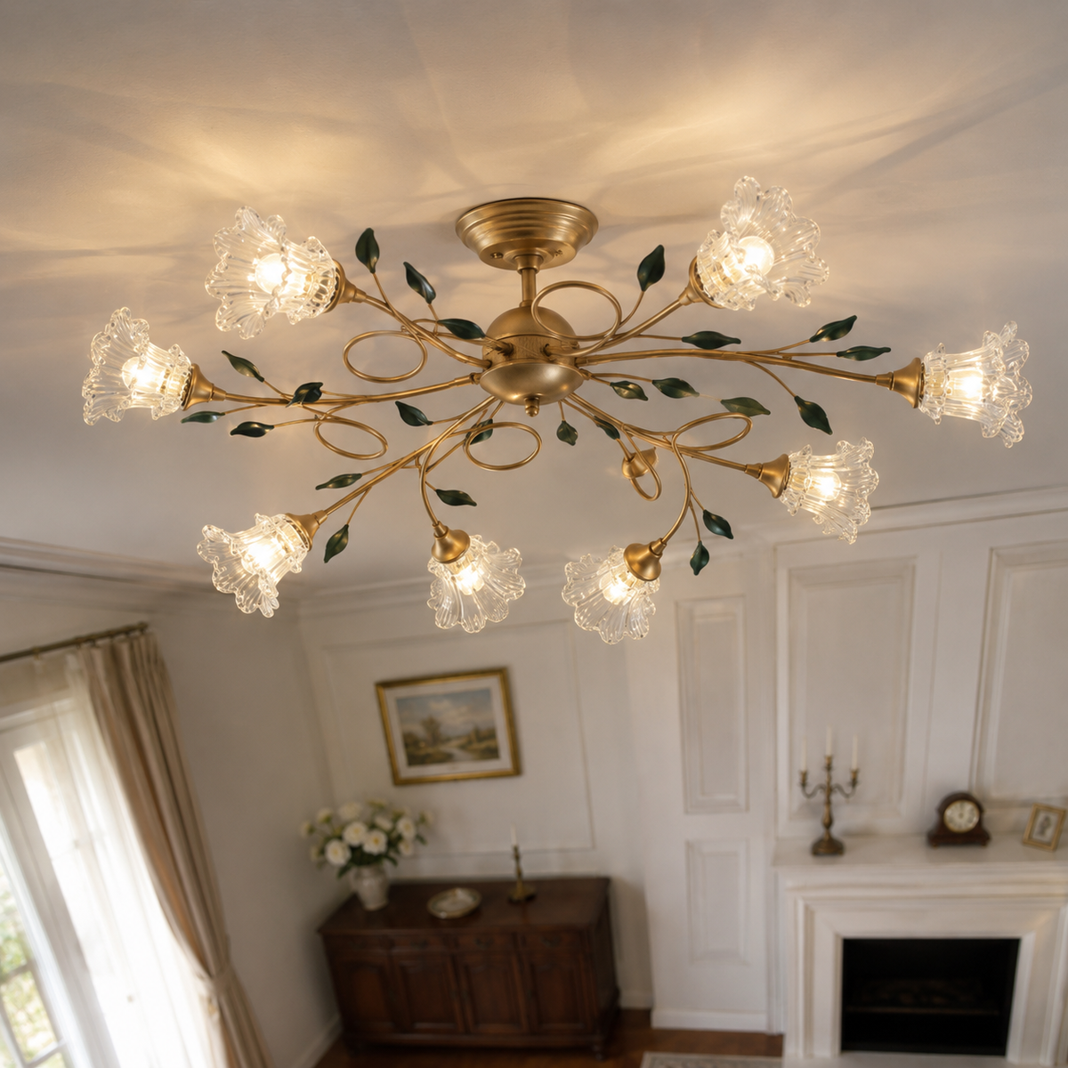 Romantisk taklampa i blommigt glas