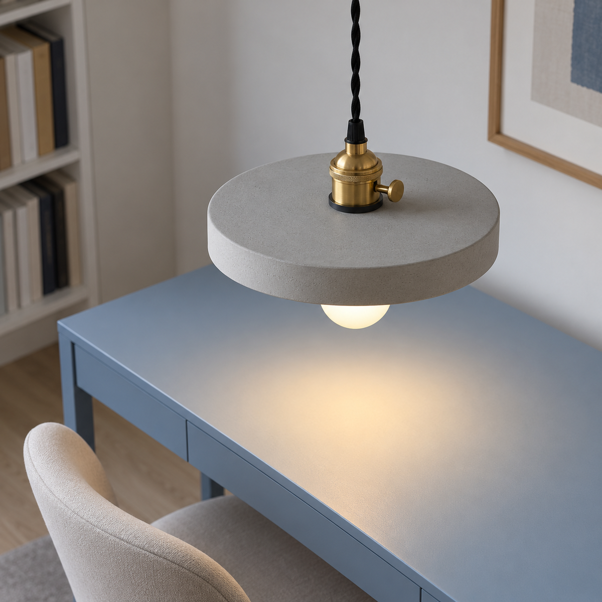 Grey cement-look pendant light in four shade options — above mid, disc