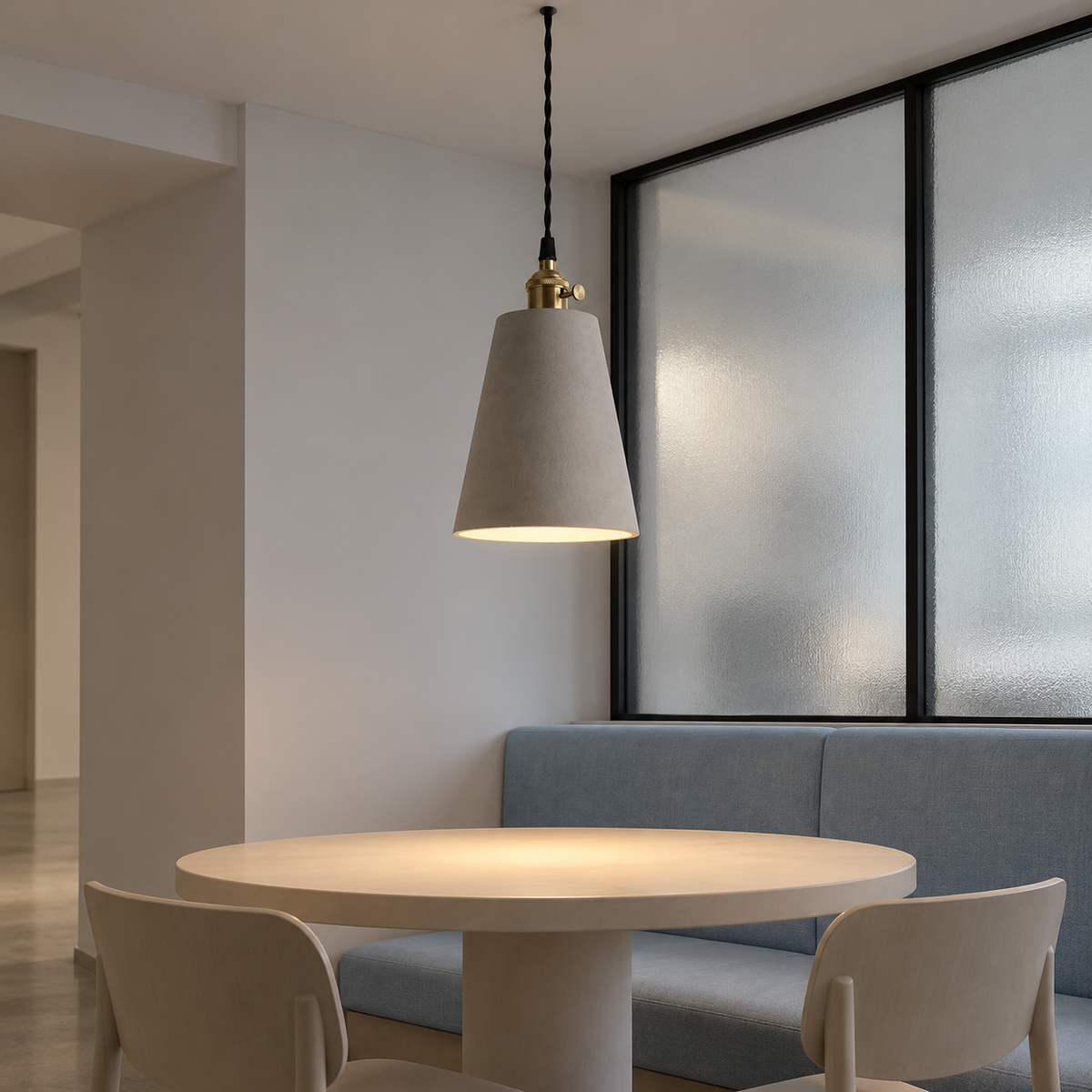 Grey cement-look pendant light in four shade options — front side far, tall_cone