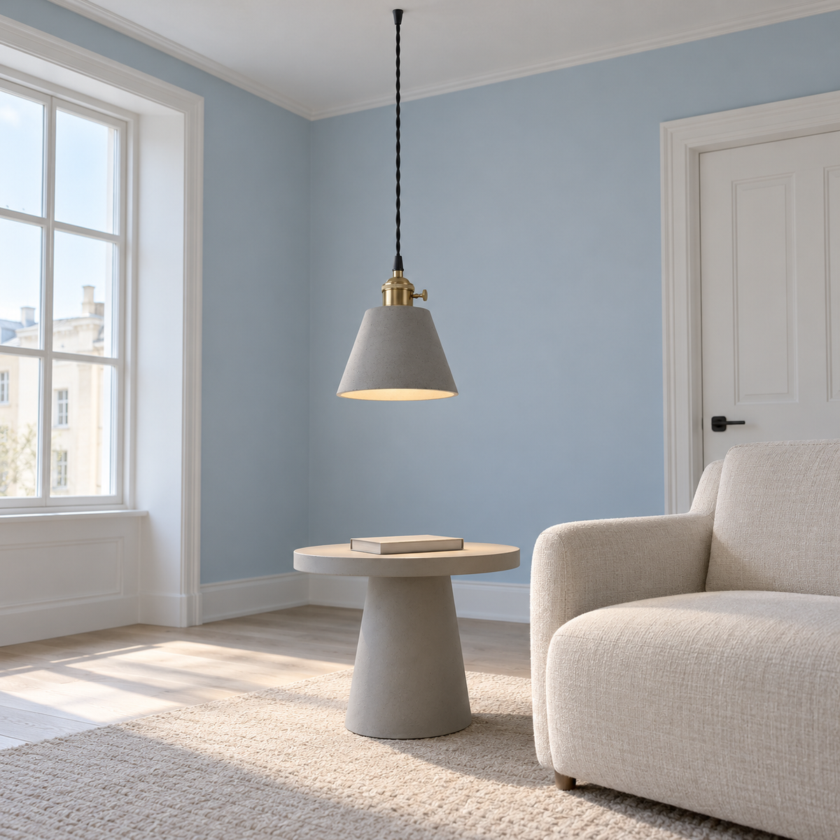 Grey cement-look pendant light in four shade options — side far, short_cone
