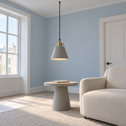 Grey cement-look pendant light in four shade options — side far, short_cone