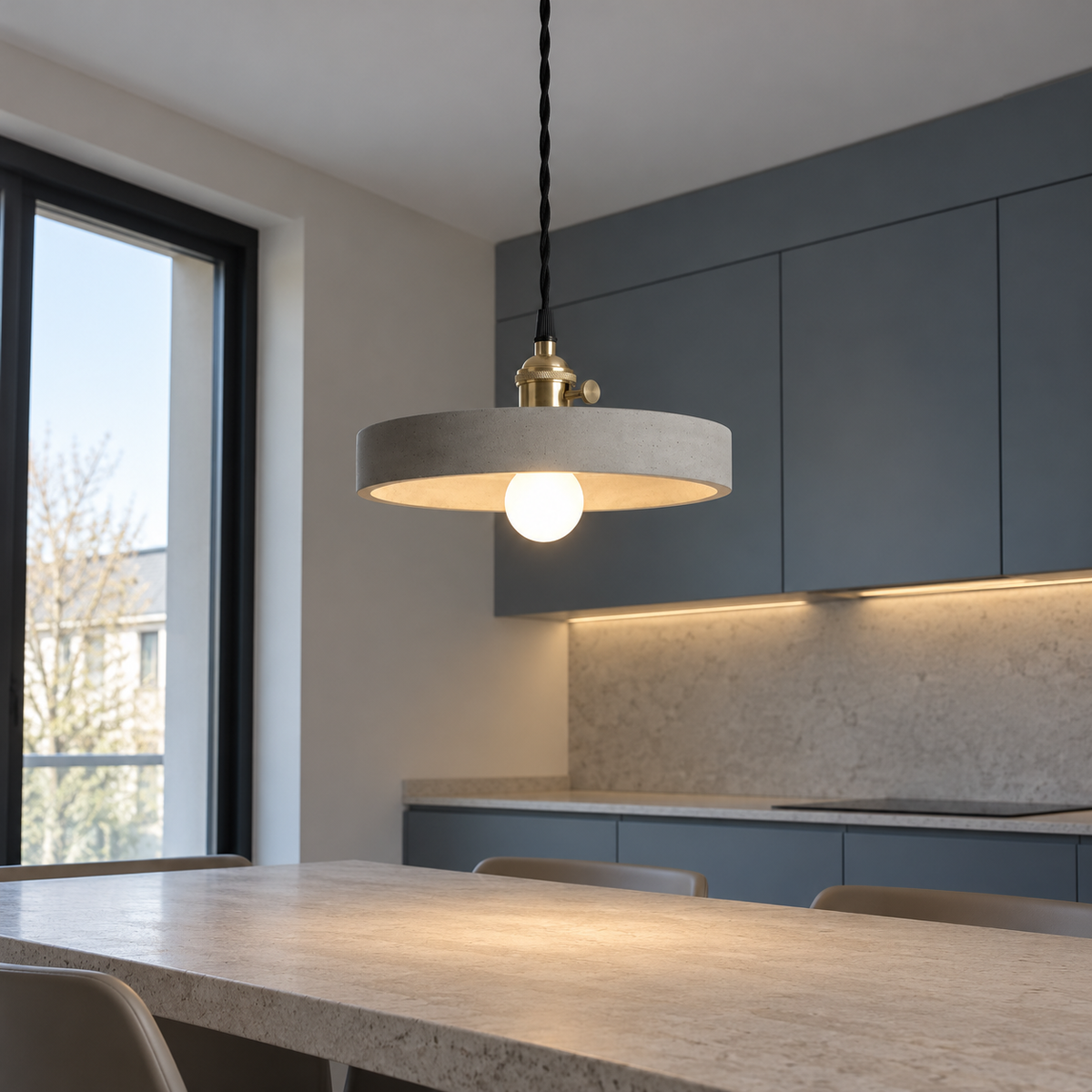 Grey cement-look pendant light in four shade options — under distance, disc
