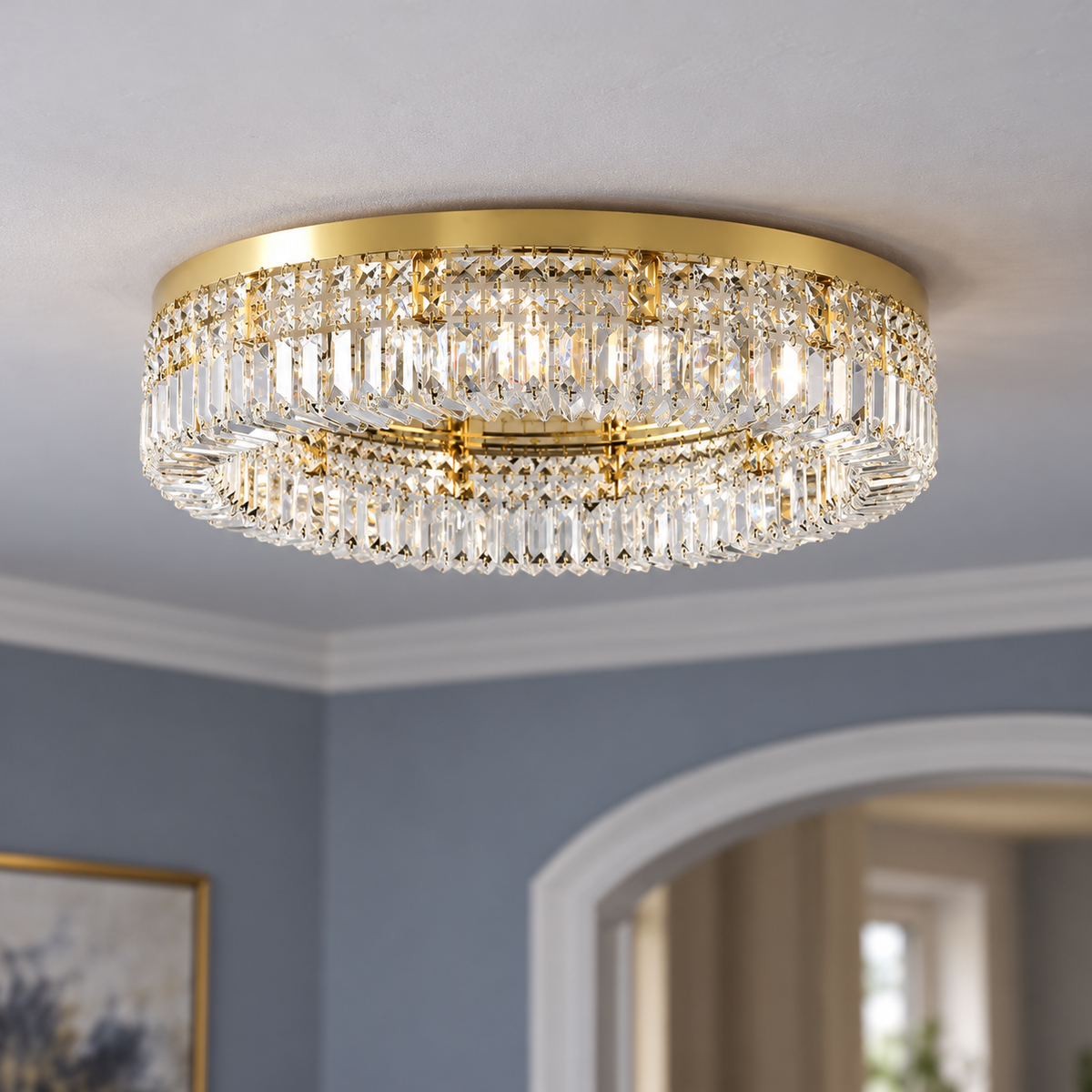 Double-ring crystal ceiling light in gold or chrome — highest feasible installed oblique view, Gold / 8 lights (Diameter 60 cm)