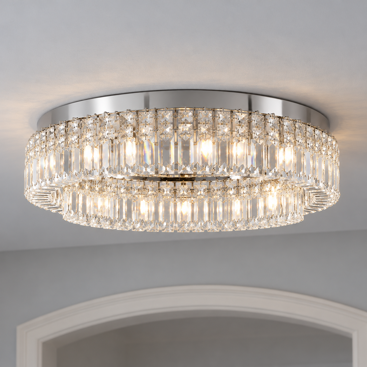Double-ring crystal ceiling light in gold or chrome — commercial, Chrome / 12 lights (Diameter 80 cm)