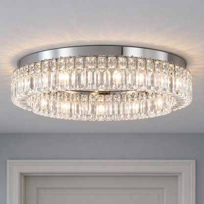 Double-ring crystal ceiling light in gold or chrome — commercial, Chrome / 16 lights (Diameter 100 cm)