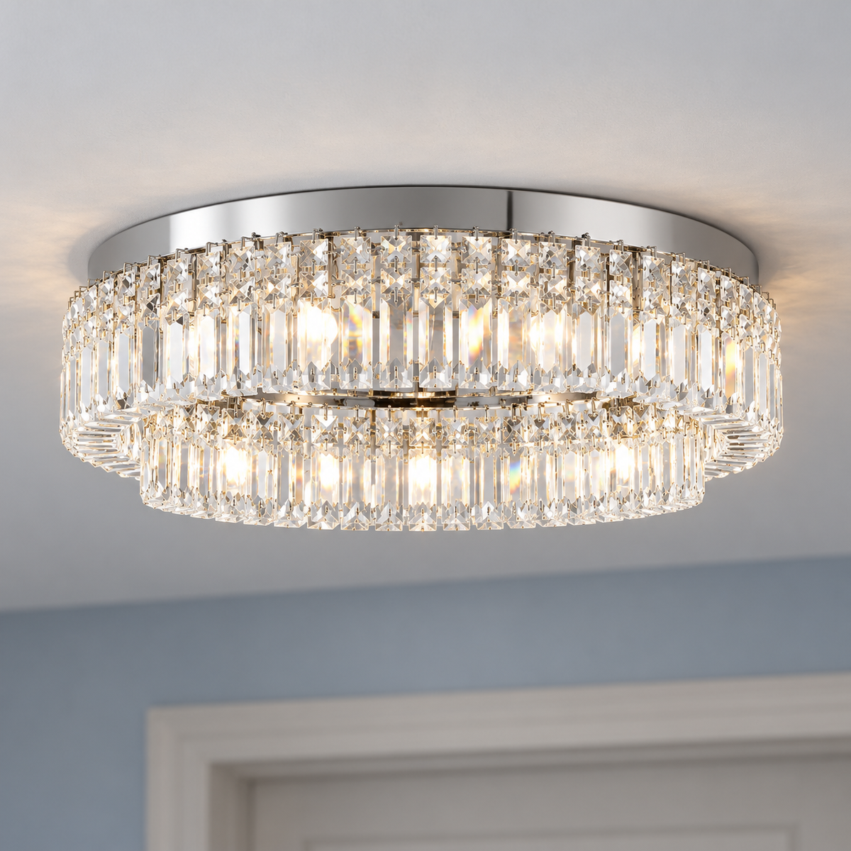 Double-ring crystal ceiling light in gold or chrome — commercial, Chrome / 5 lights (Diameter 40 cm)