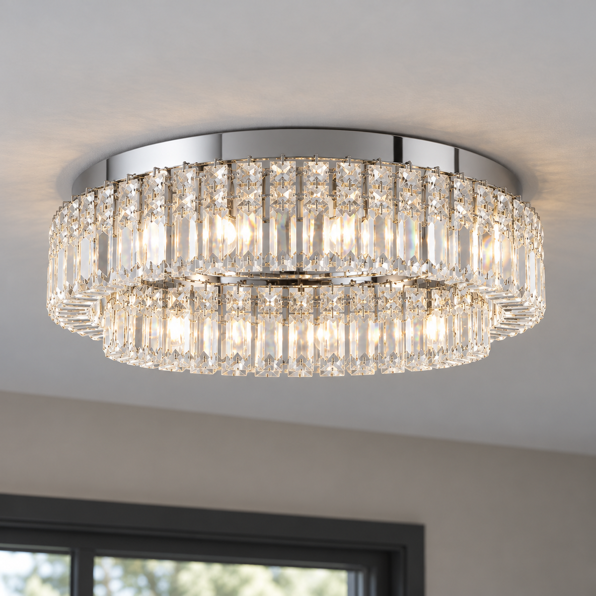 Double-ring crystal ceiling light in gold or chrome — commercial, Chrome / 6 lights (Diameter 50 cm)