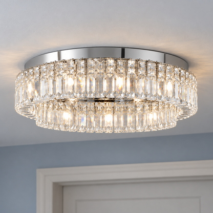 Double-ring crystal ceiling light in gold or chrome — commercial, Chrome / 8 lights (Diameter 60 cm)