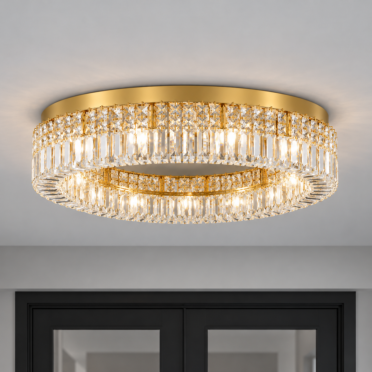 Double-ring crystal ceiling light in gold or chrome — commercial, Gold / 12 lights (Diameter 80 cm)