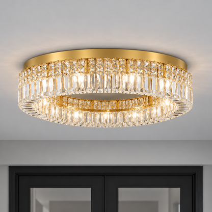 Double-ring crystal ceiling light in gold or chrome — commercial, Gold / 12 lights (Diameter 80 cm)